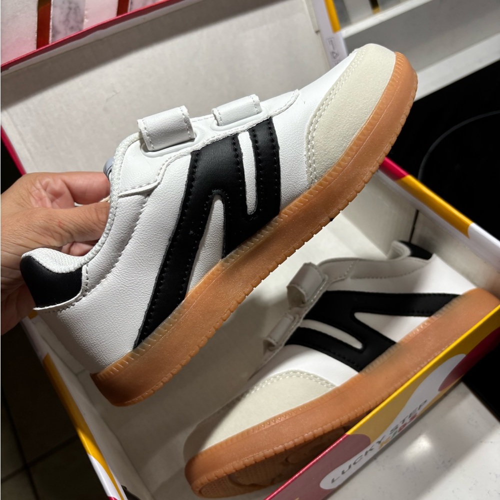 Kids White and Black Sneakers with Gum Sole